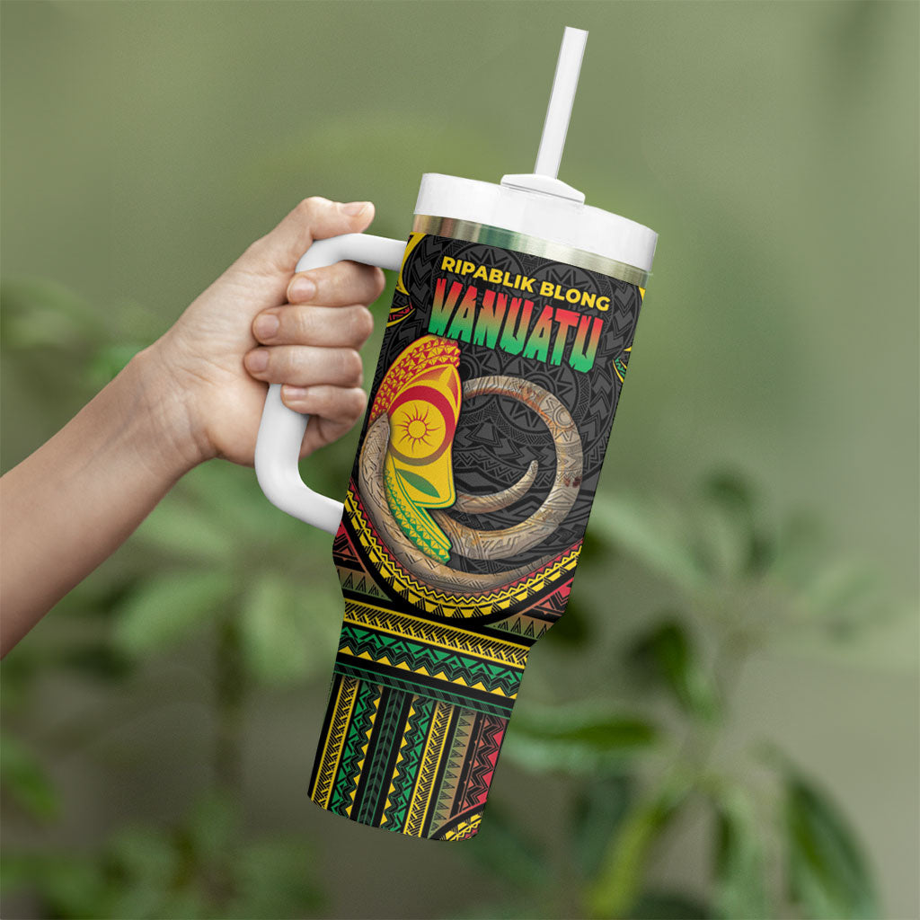Vanuatu Language Week Tumbler With Handle Boar Tusk Warrior Tribal Floral Pattern DT05 - Polynesian Pride