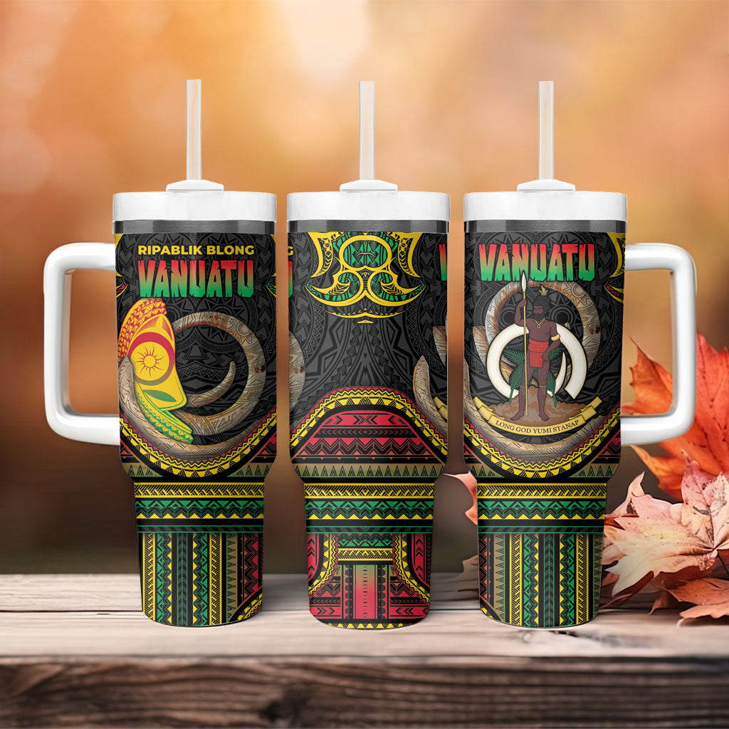 Vanuatu Language Week Tumbler With Handle Boar Tusk Warrior Tribal Floral Pattern DT05 - Polynesian Pride