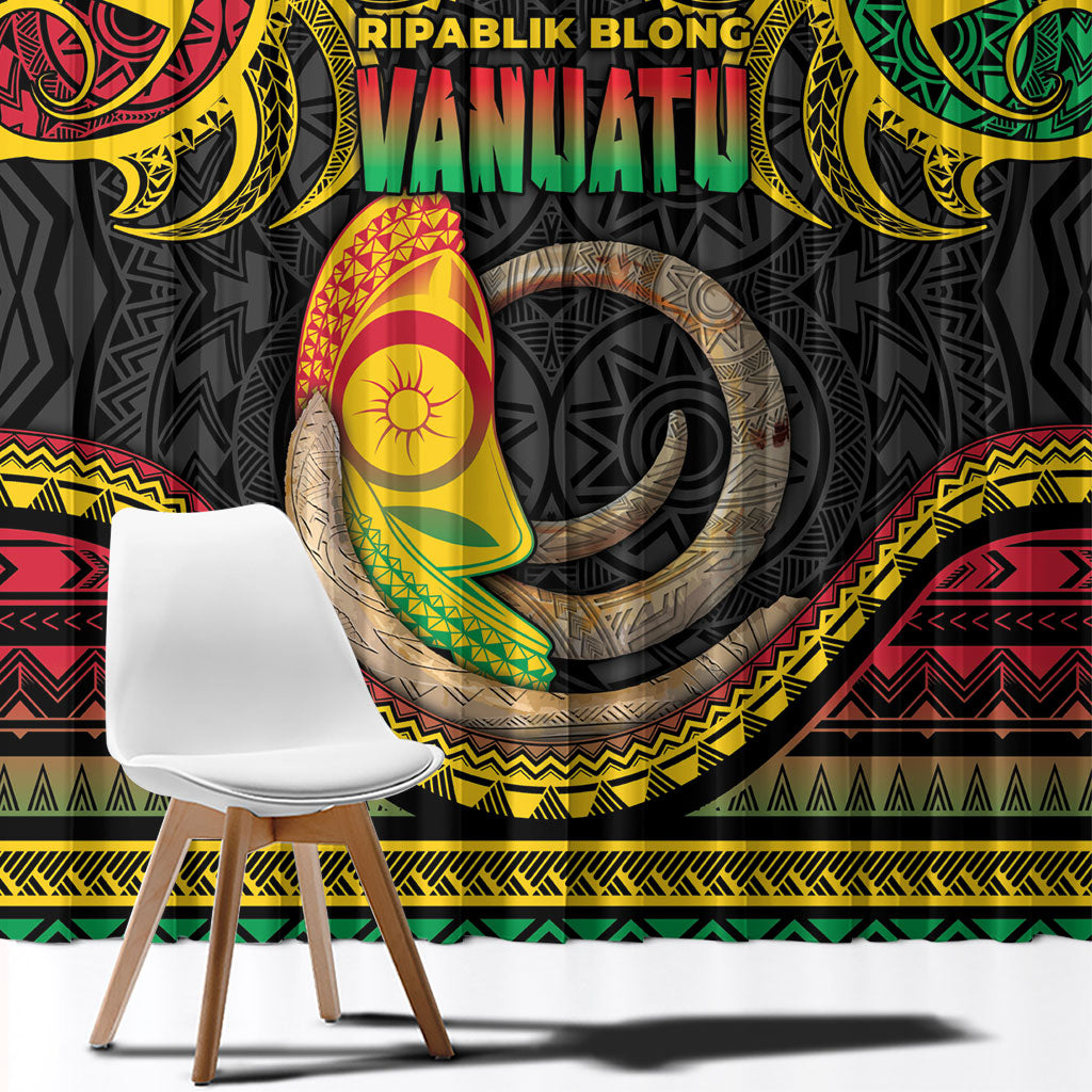 Vanuatu Language Week Window Curtain Boar Tusk Warrior Tribal Floral Pattern DT05 - Polynesian Pride