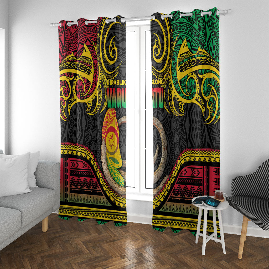 Vanuatu Language Week Window Curtain Boar Tusk Warrior Tribal Floral Pattern DT05 With Grommets Black - Polynesian Pride