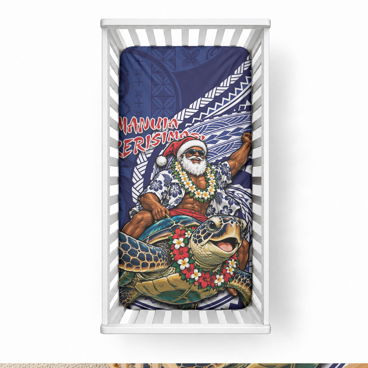 Samoa Christmas Baby Bed Cover Santa Riding Sea Turtle DT05 28 × 52 in Navy - Polynesian Pride
