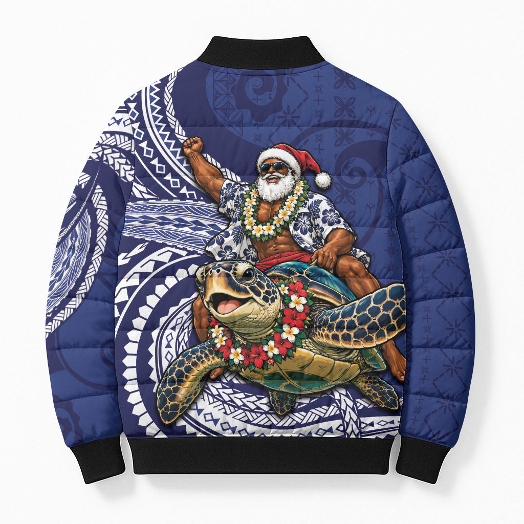 Samoa Christmas Bomber Puffer Jacket Santa Riding Sea Turtle