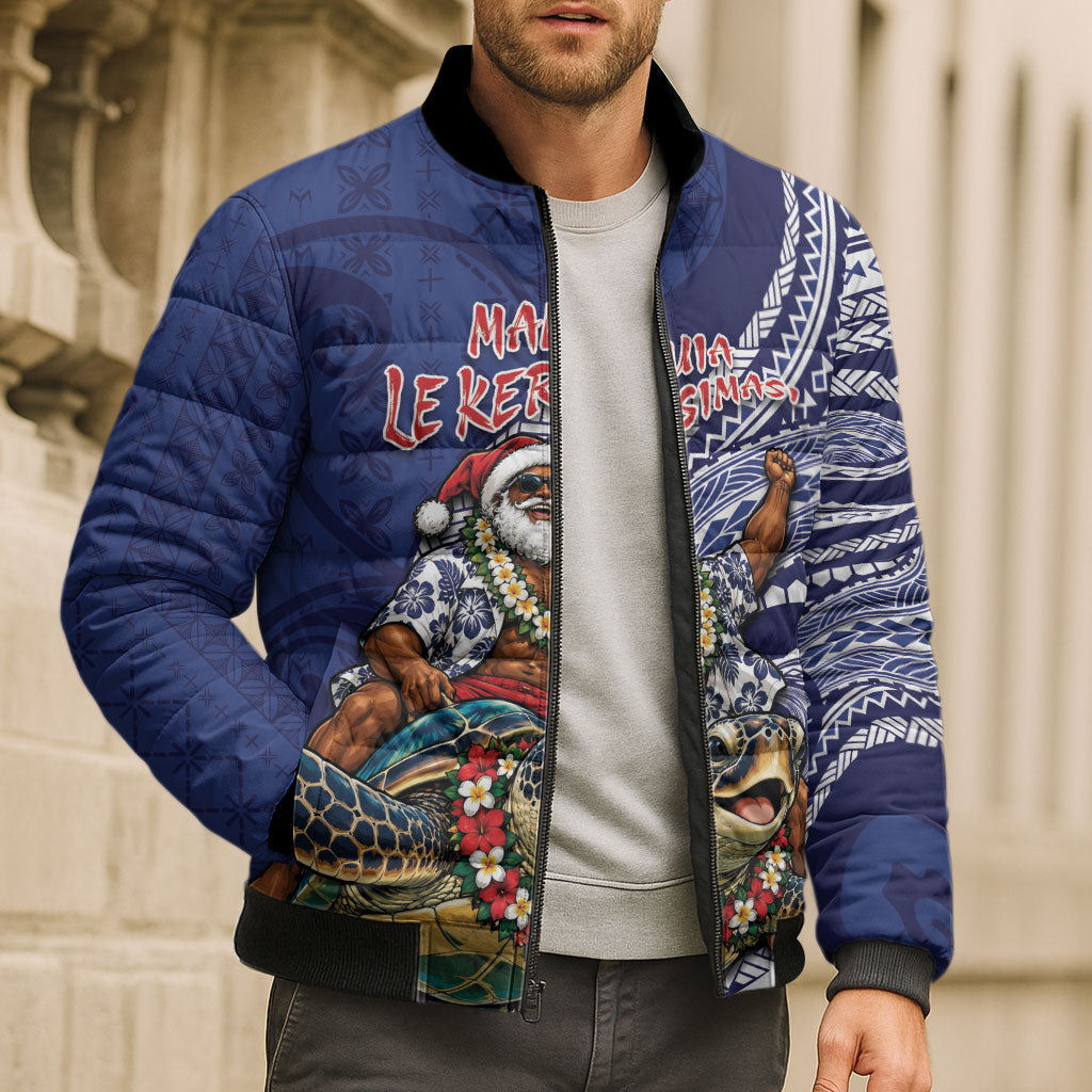 Samoa Christmas Bomber Puffer Jacket Santa Riding Sea Turtle