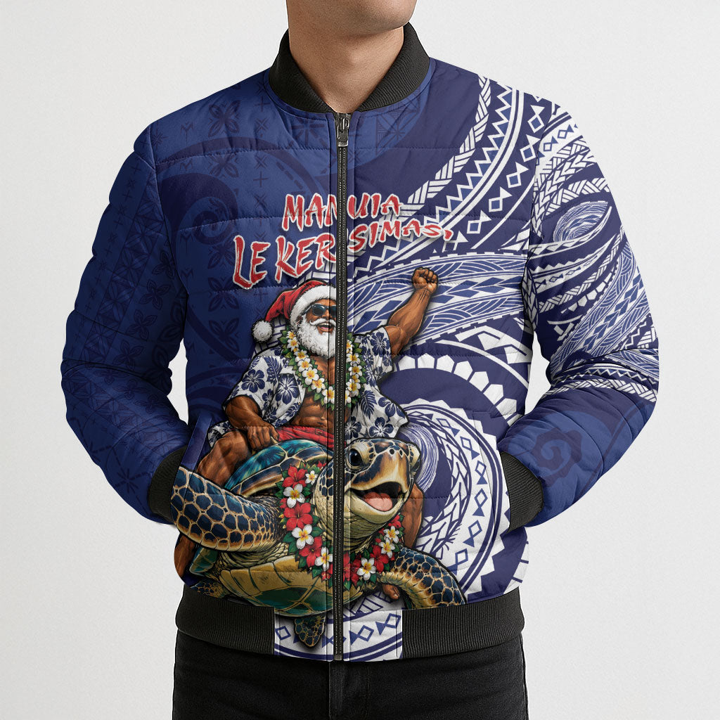 Samoa Christmas Bomber Puffer Jacket Santa Riding Sea Turtle