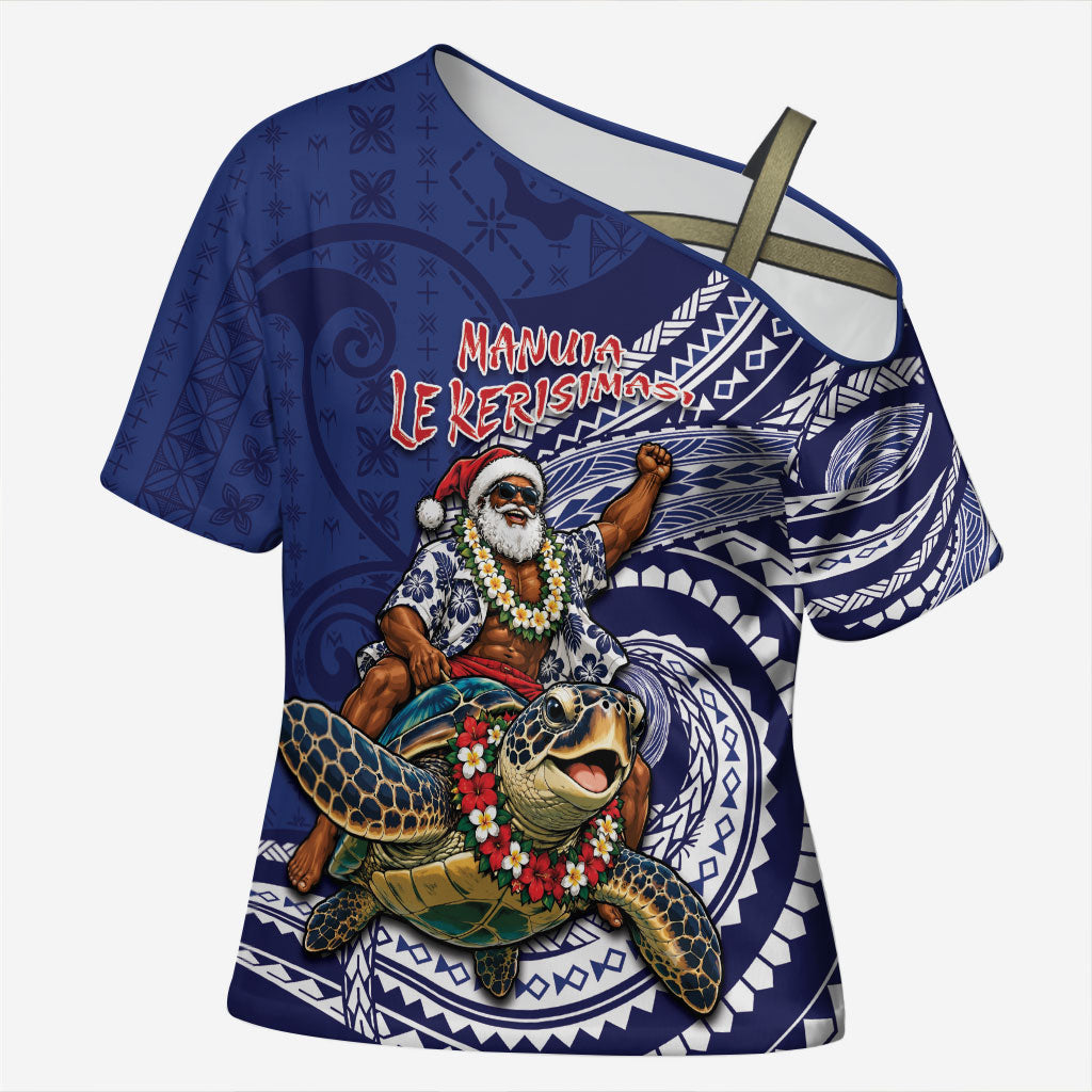 Samoa Christmas Cross Shoulder Shirt Santa Riding Sea Turtle