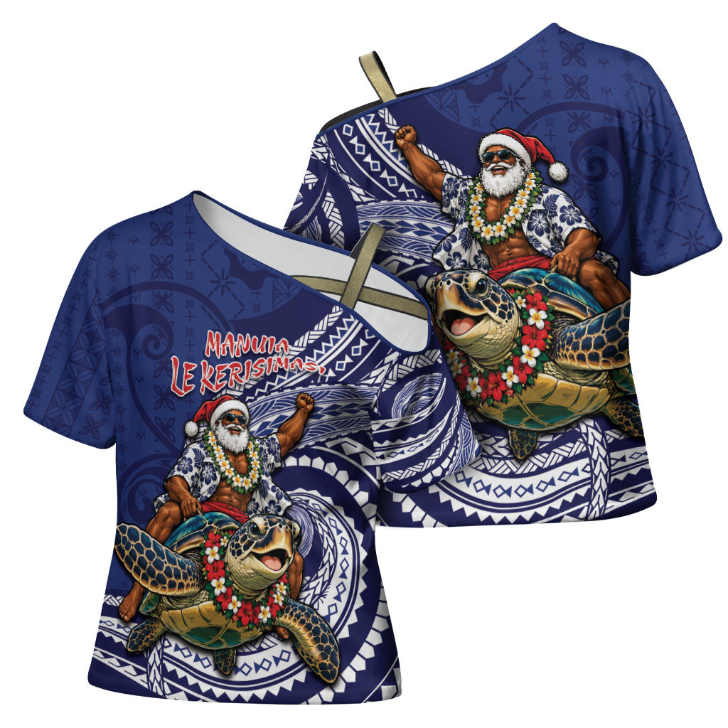 Samoa Christmas Cross Shoulder Shirt Santa Riding Sea Turtle