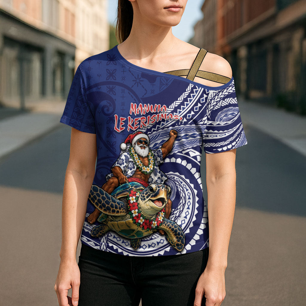 Samoa Christmas Cross Shoulder Shirt Santa Riding Sea Turtle
