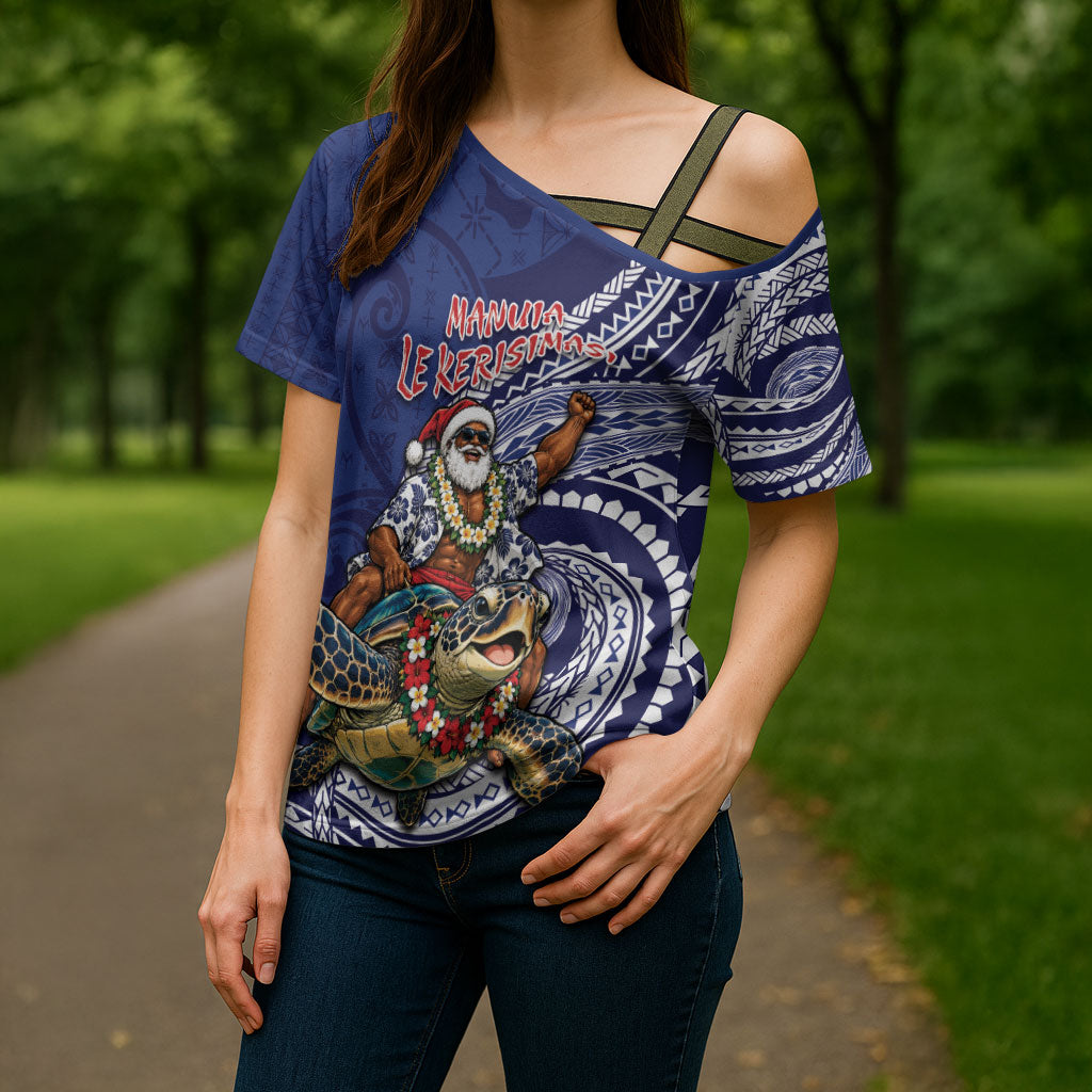 Samoa Christmas Cross Shoulder Shirt Santa Riding Sea Turtle