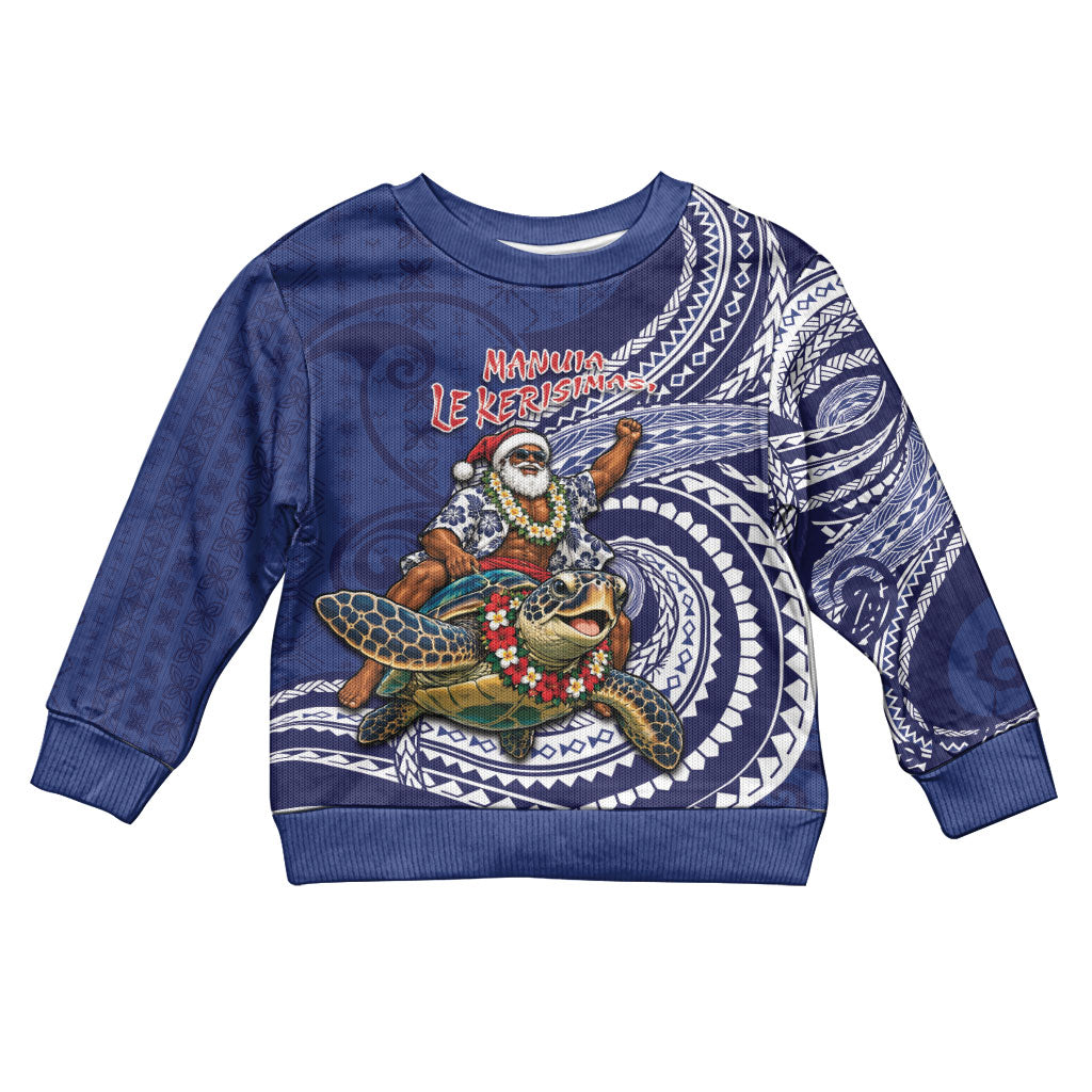 Samoa Christmas Kid Ugly Christmas Sweater Santa Riding Sea Turtle DT05 Kid Navy - Polynesian Pride