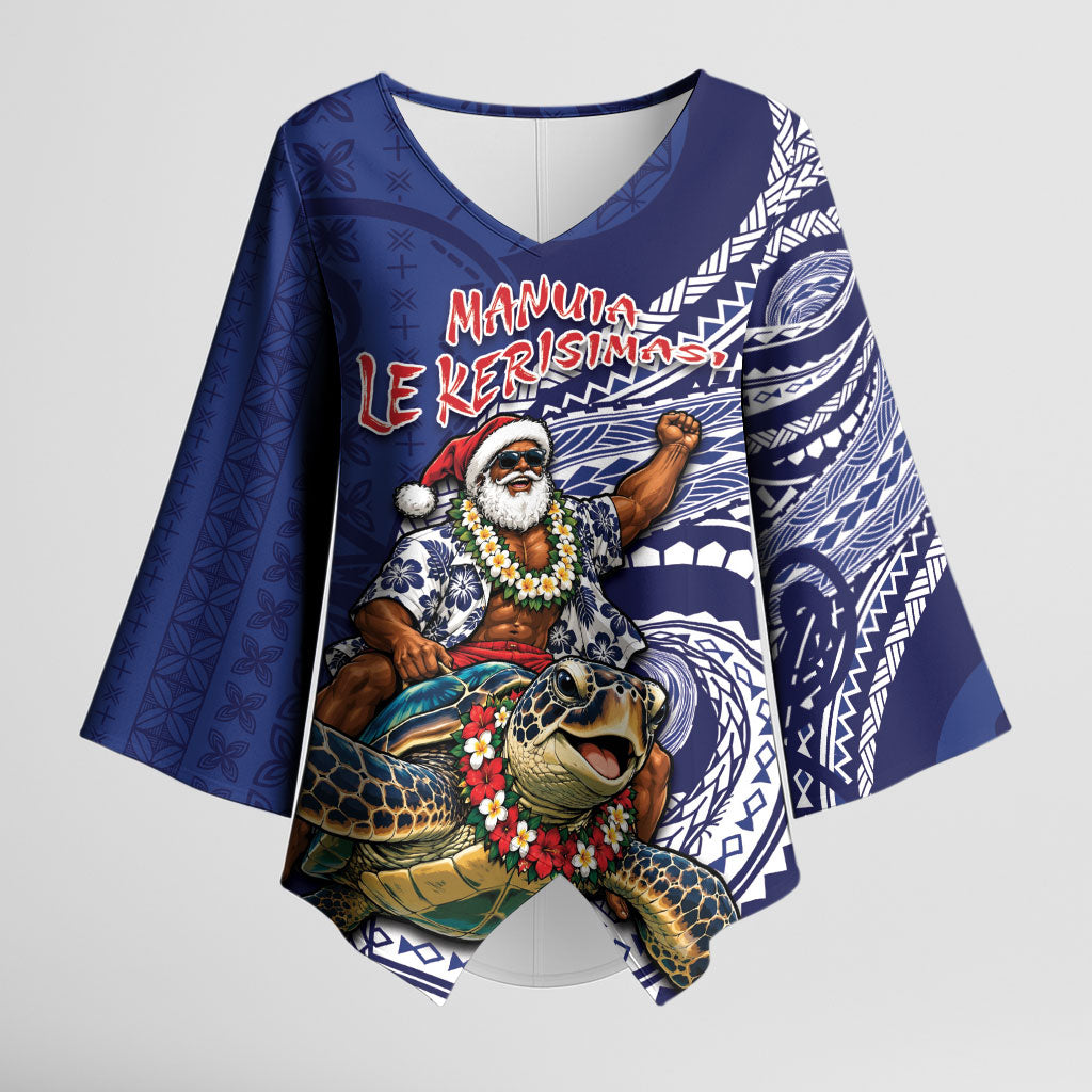 Samoa Christmas Kimono Sleeve Blouse Santa Riding Sea Turtle DT05 Female Navy - Polynesian Pride