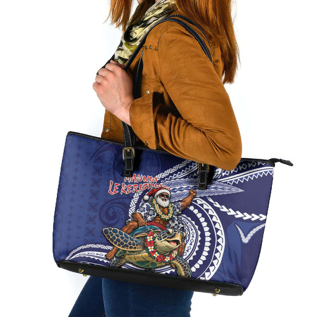Samoa Christmas Leather Tote Bag Santa Riding Sea Turtle