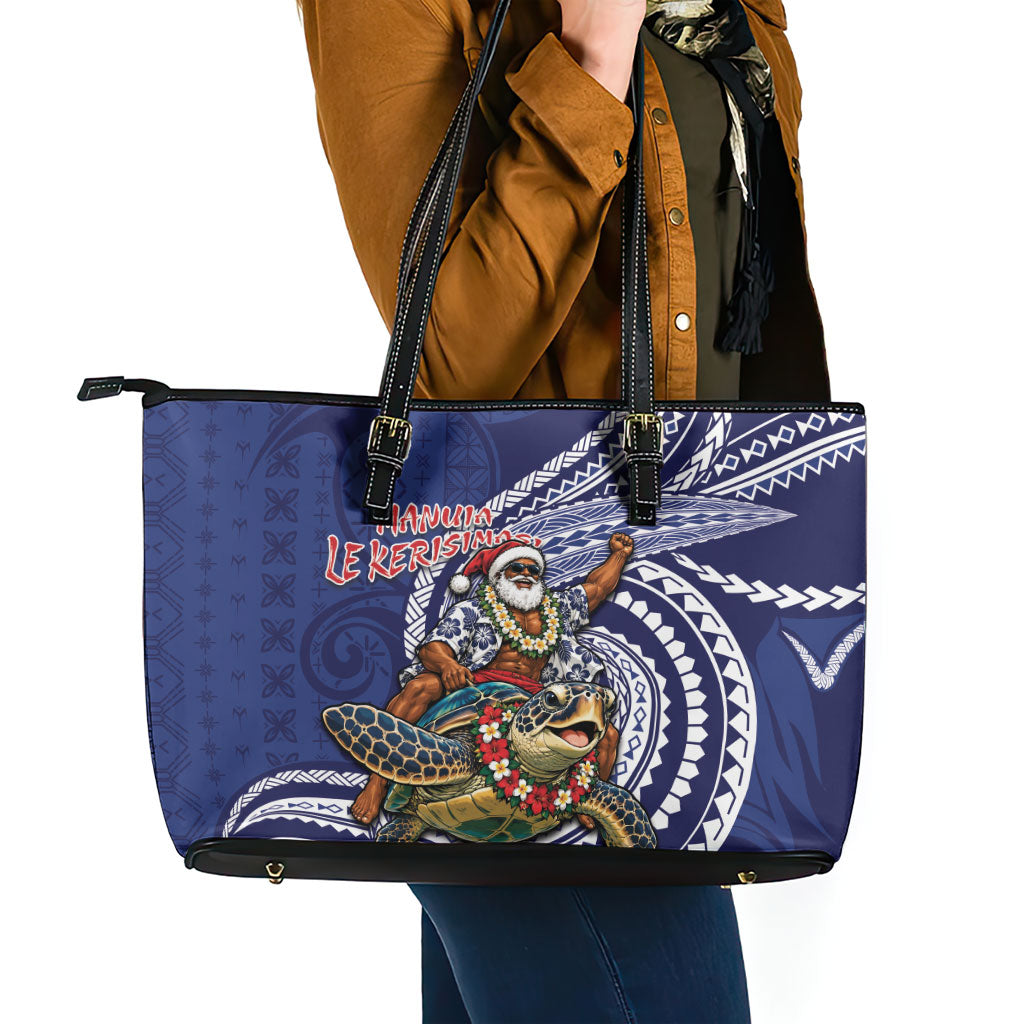 Samoa Christmas Leather Tote Bag Santa Riding Sea Turtle
