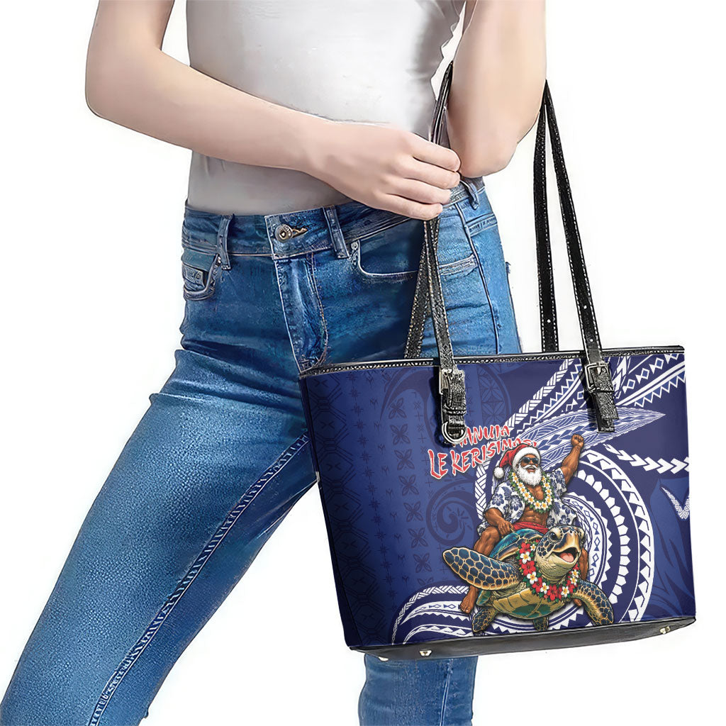 Samoa Christmas Leather Tote Bag Santa Riding Sea Turtle