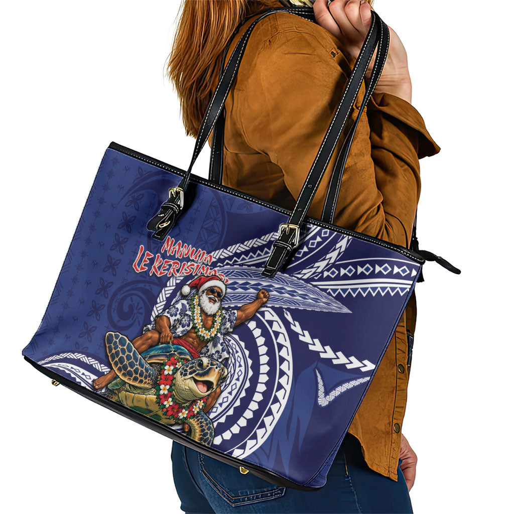 Samoa Christmas Leather Tote Bag Santa Riding Sea Turtle