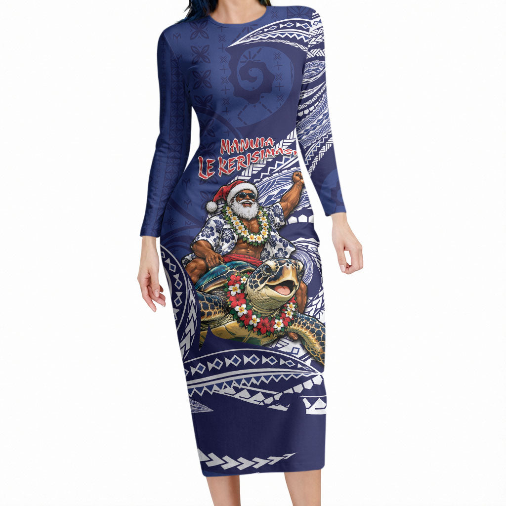Samoa Christmas Long Sleeve Bodycon Dress Santa Riding Sea Turtle