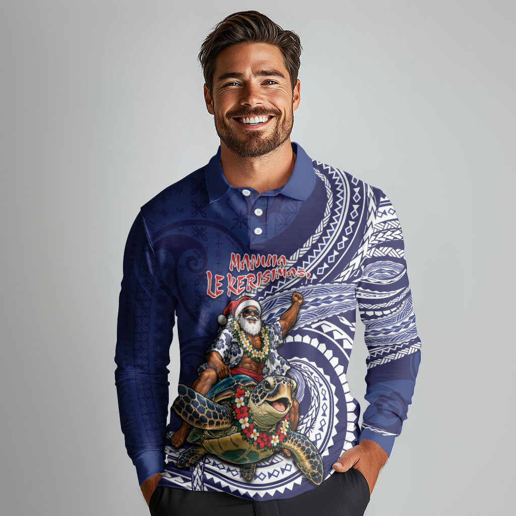 Samoa Christmas Long Sleeve Polo Shirt Santa Riding Sea Turtle