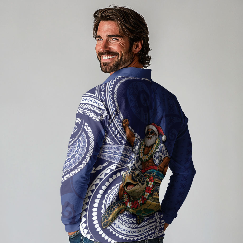 Samoa Christmas Long Sleeve Polo Shirt Santa Riding Sea Turtle