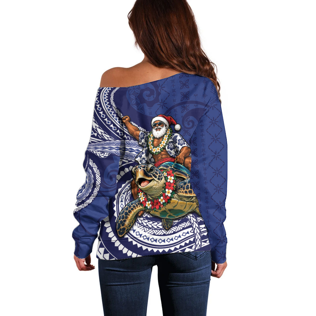 Samoa Christmas Off Shoulder Sweater Santa Riding Sea Turtle