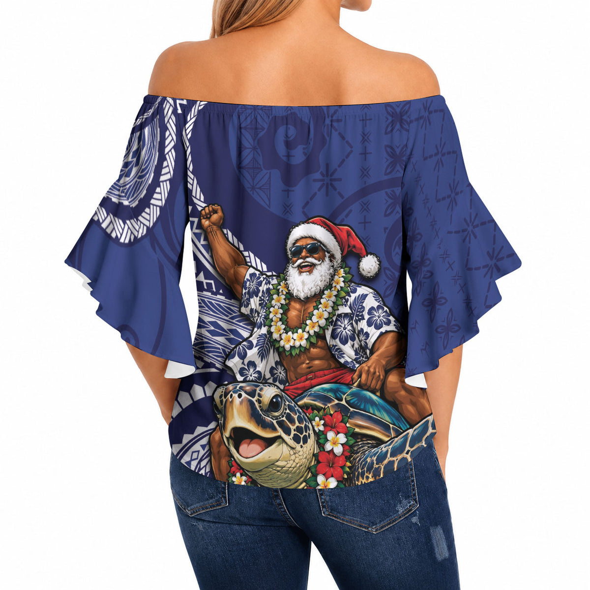 Samoa Christmas Off Shoulder Wrap Waist Top Santa Riding Sea Turtle DT05 - Polynesian Pride