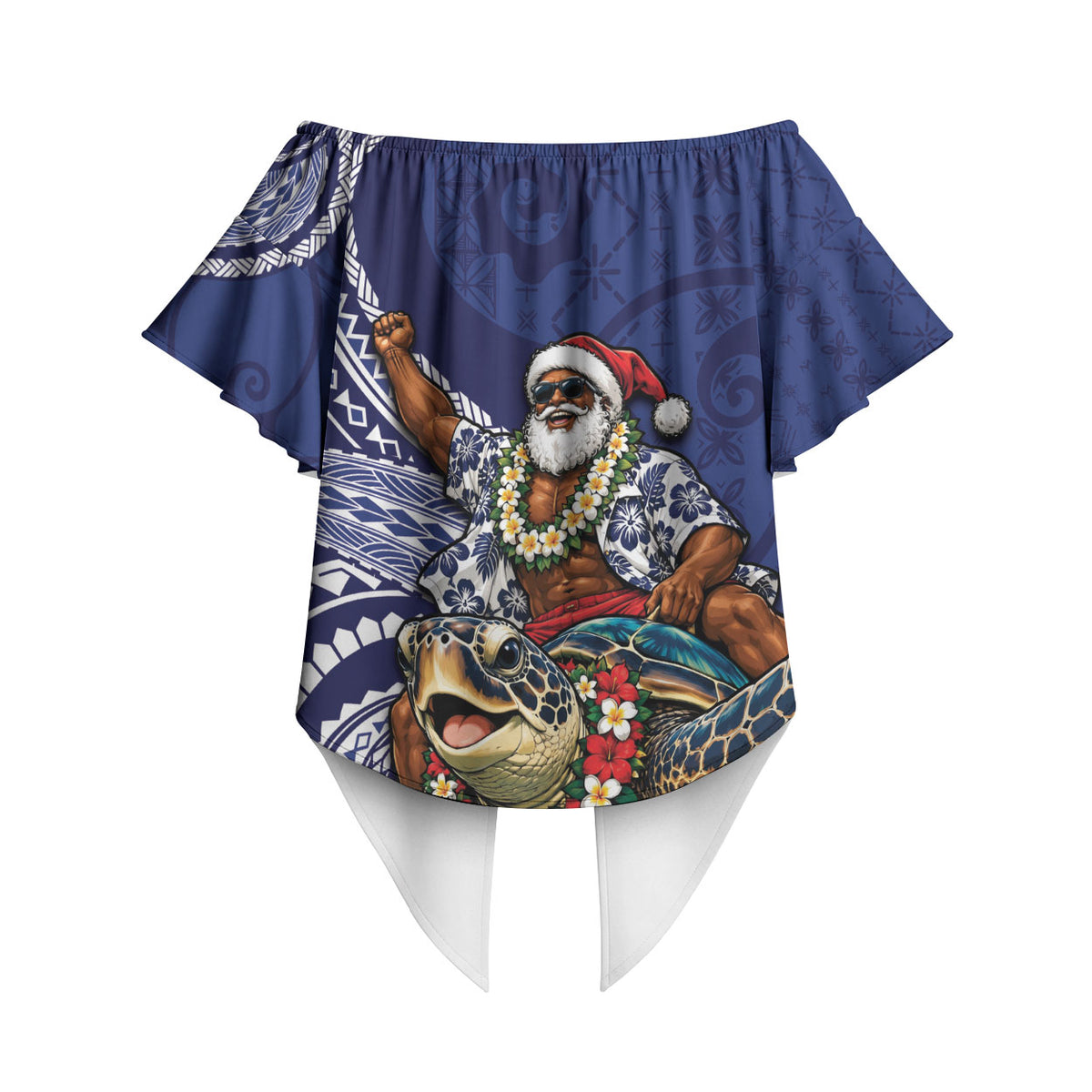 Samoa Christmas Off Shoulder Wrap Waist Top Santa Riding Sea Turtle DT05 - Polynesian Pride