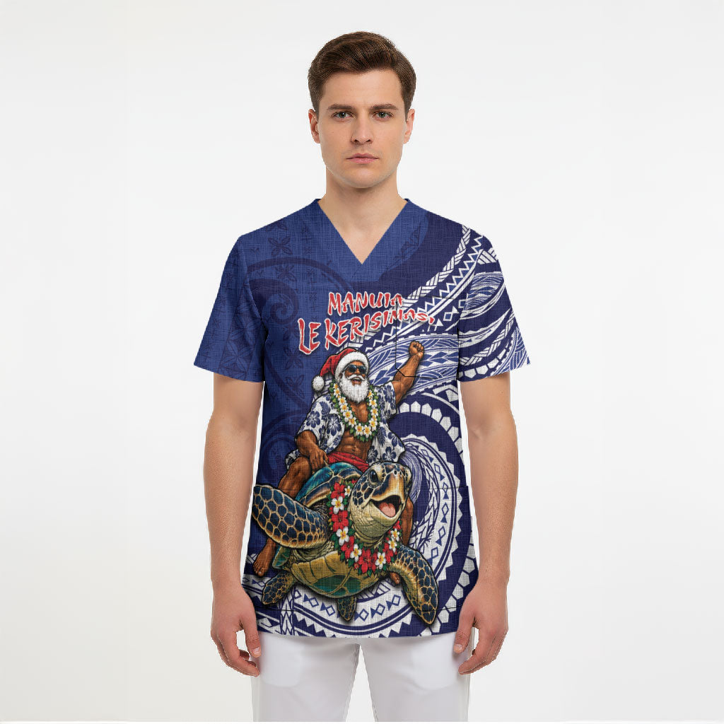 Samoa Christmas Scrub Top Santa Riding Sea Turtle