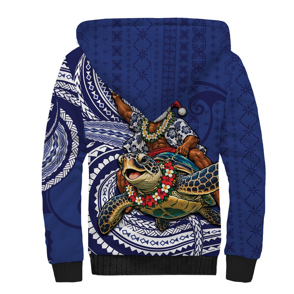 Samoa Christmas Sherpa Hoodie Santa Riding Sea Turtle