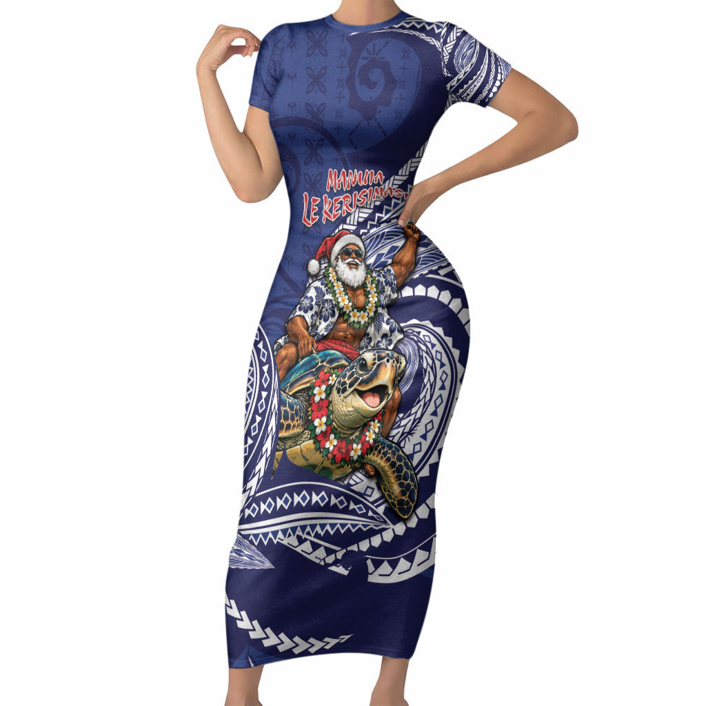 Samoa Christmas Short Sleeve Bodycon Dress Santa Riding Sea Turtle