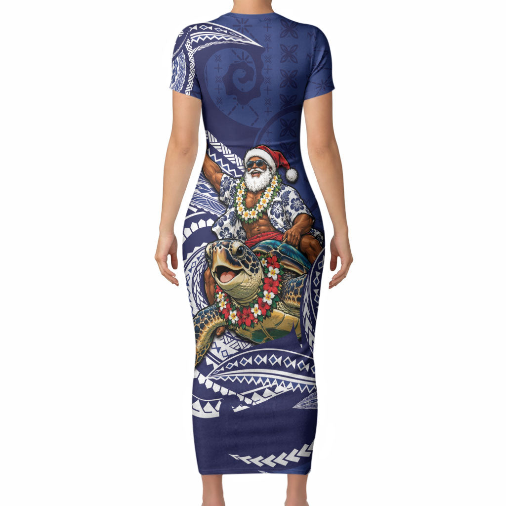 Samoa Christmas Short Sleeve Bodycon Dress Santa Riding Sea Turtle
