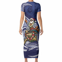 Samoa Christmas Short Sleeve Bodycon Dress Santa Riding Sea Turtle