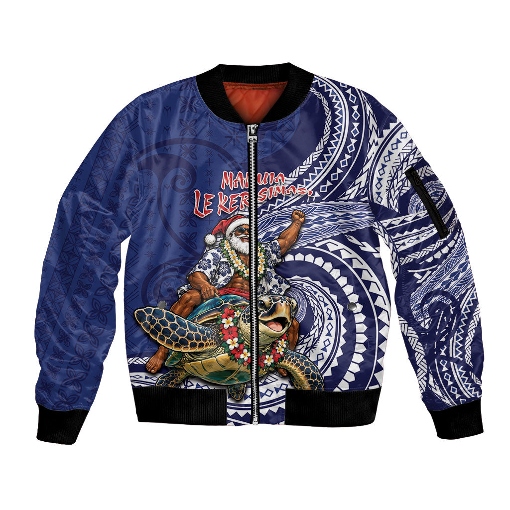 Samoa Christmas Sleeve Zip Bomber Jacket Santa Riding Sea Turtle