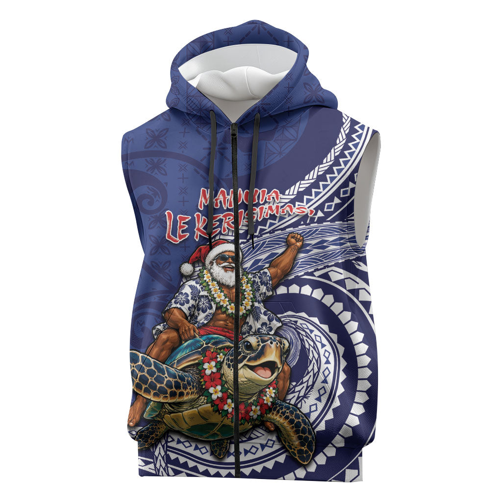 Samoa Christmas Sleeveless Zip Hoodie Santa Riding Sea Turtle DT05 Navy - Polynesian Pride