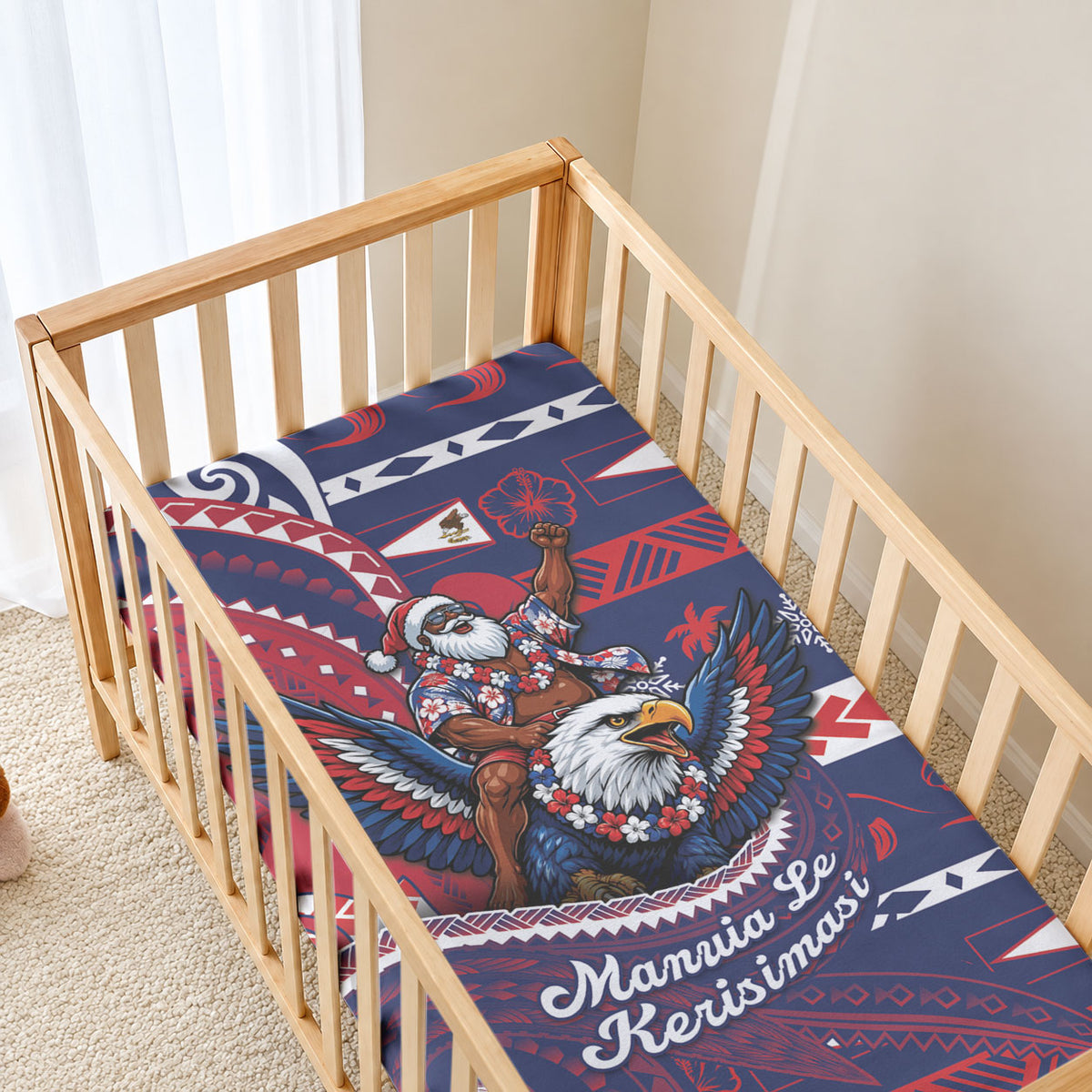 American Samoa Christmas Baby Bed Cover Santa Riding Bald Eagle