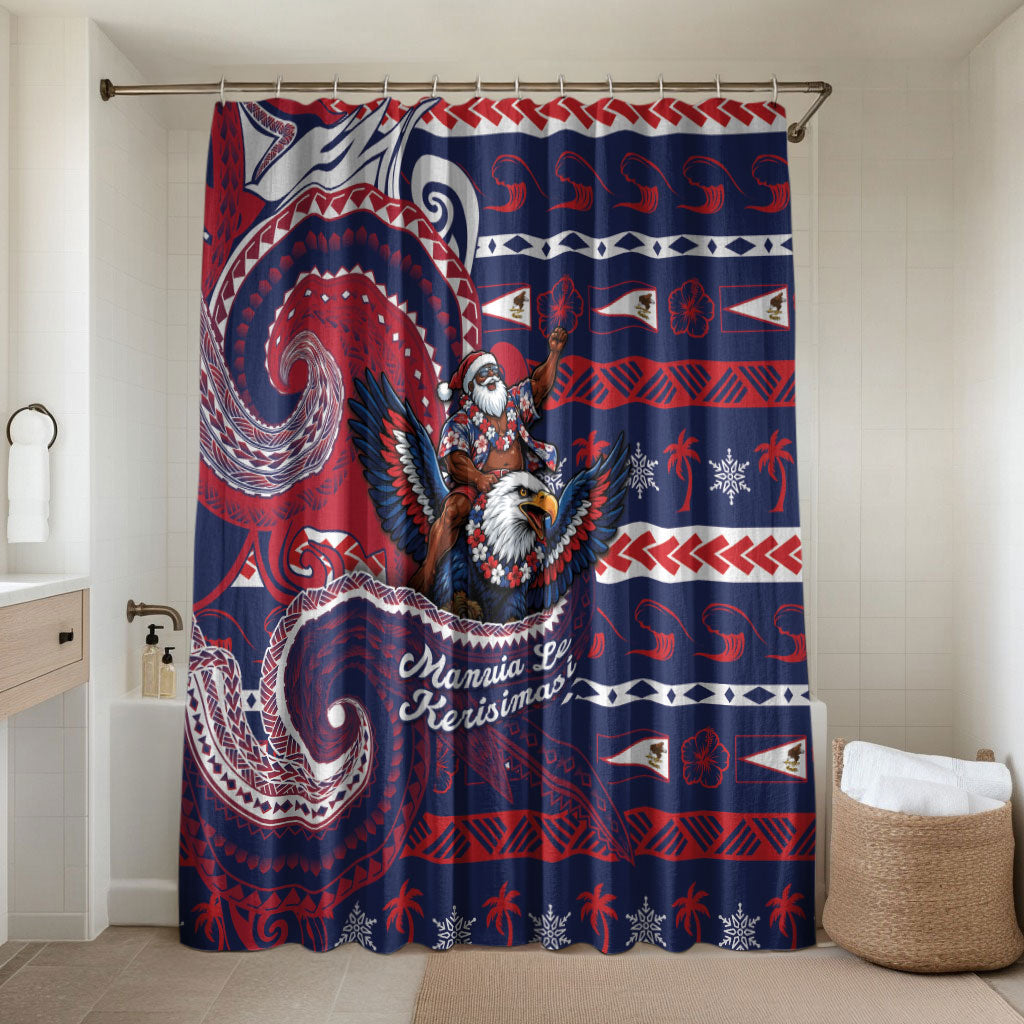 American Samoa Christmas Bathroom Set Santa Riding Bald Eagle DT05 Shower Curtain Only Navy - Polynesian Pride
