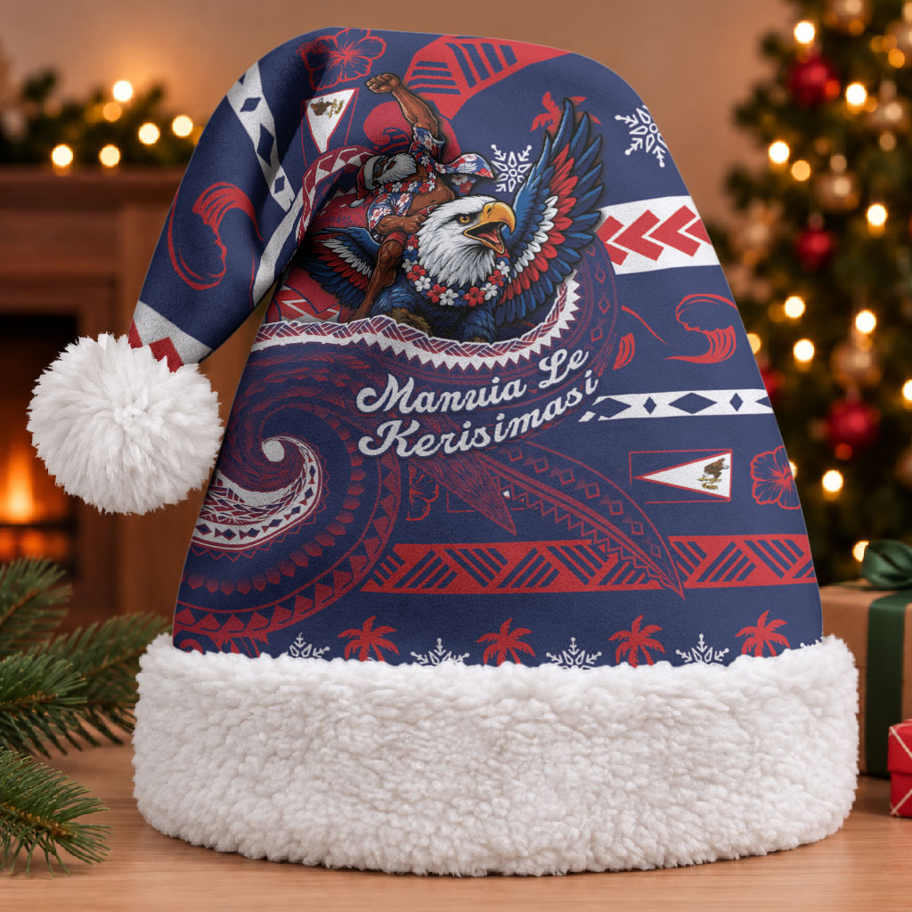 American Samoa Christmas Santa Hat Santa Riding Bald Eagle DT05 With Fur Navy - Polynesian Pride