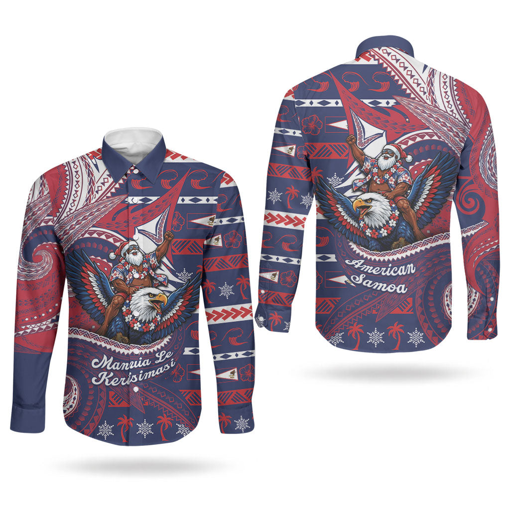American Samoa Christmas Couples Matching Summer Maxi Dress and Long Sleeve Button Shirt Santa Riding Bald Eagle DT05 - Polynesian Pride