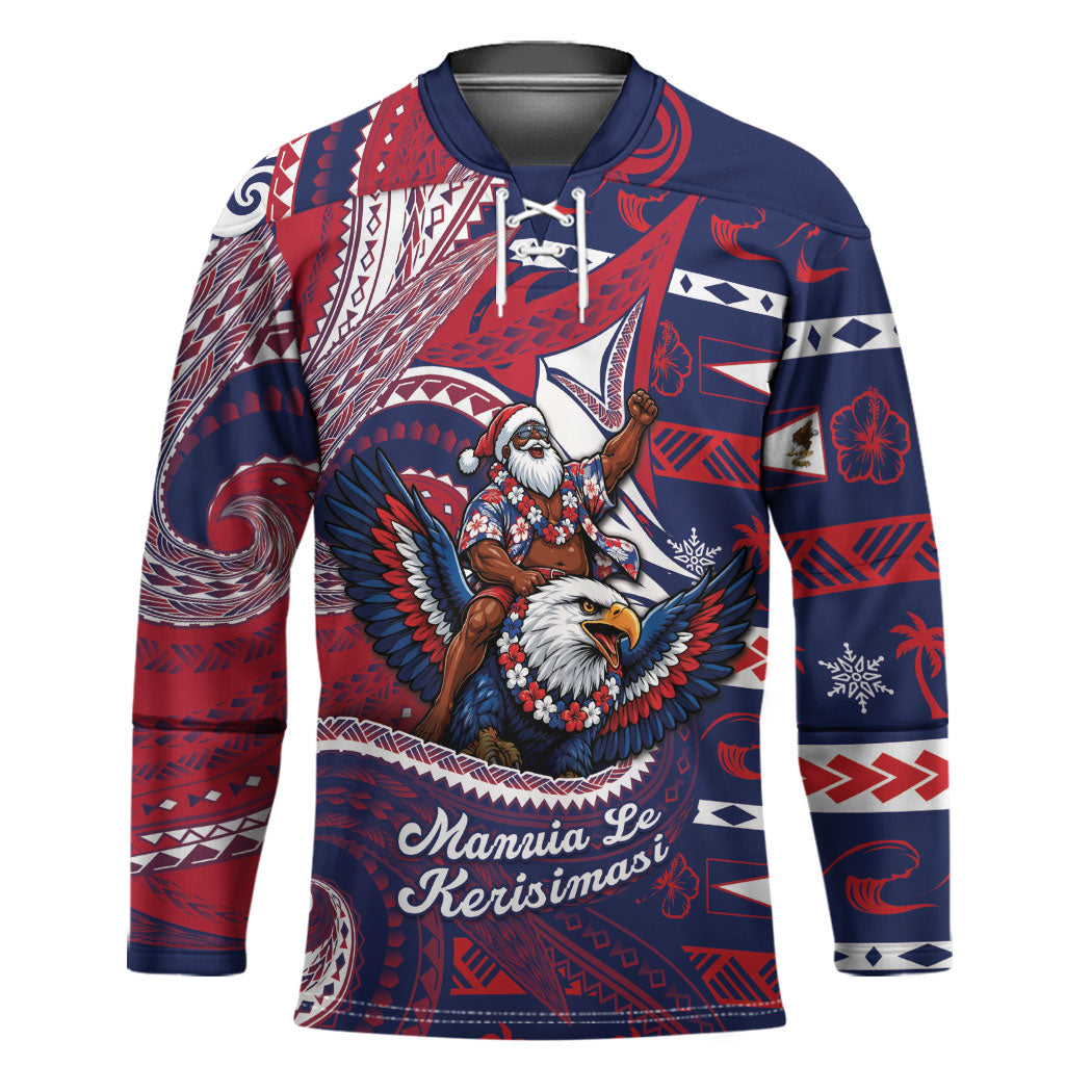 American Samoa Christmas Hockey Jersey Santa Riding Bald Eagle DT05 Unisex Navy - Polynesian Pride