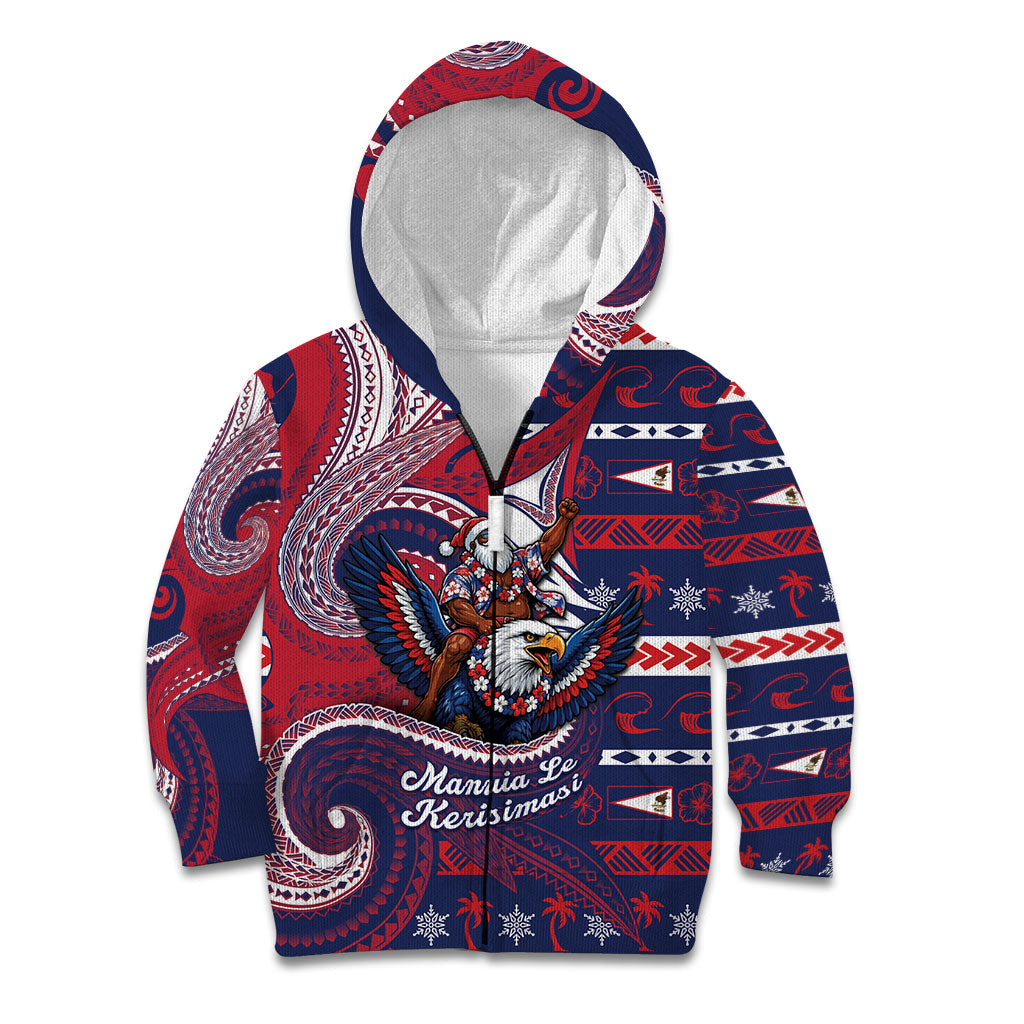 American Samoa Christmas Kid Hoodie Santa Riding Bald Eagle DT05 Zip Hoodie Navy - Polynesian Pride