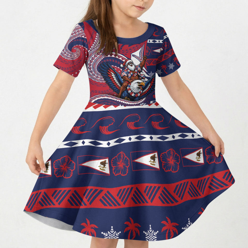 American Samoa Christmas Kid Short Sleeve Dress Santa Riding Bald Eagle DT05 KID Navy - Polynesian Pride