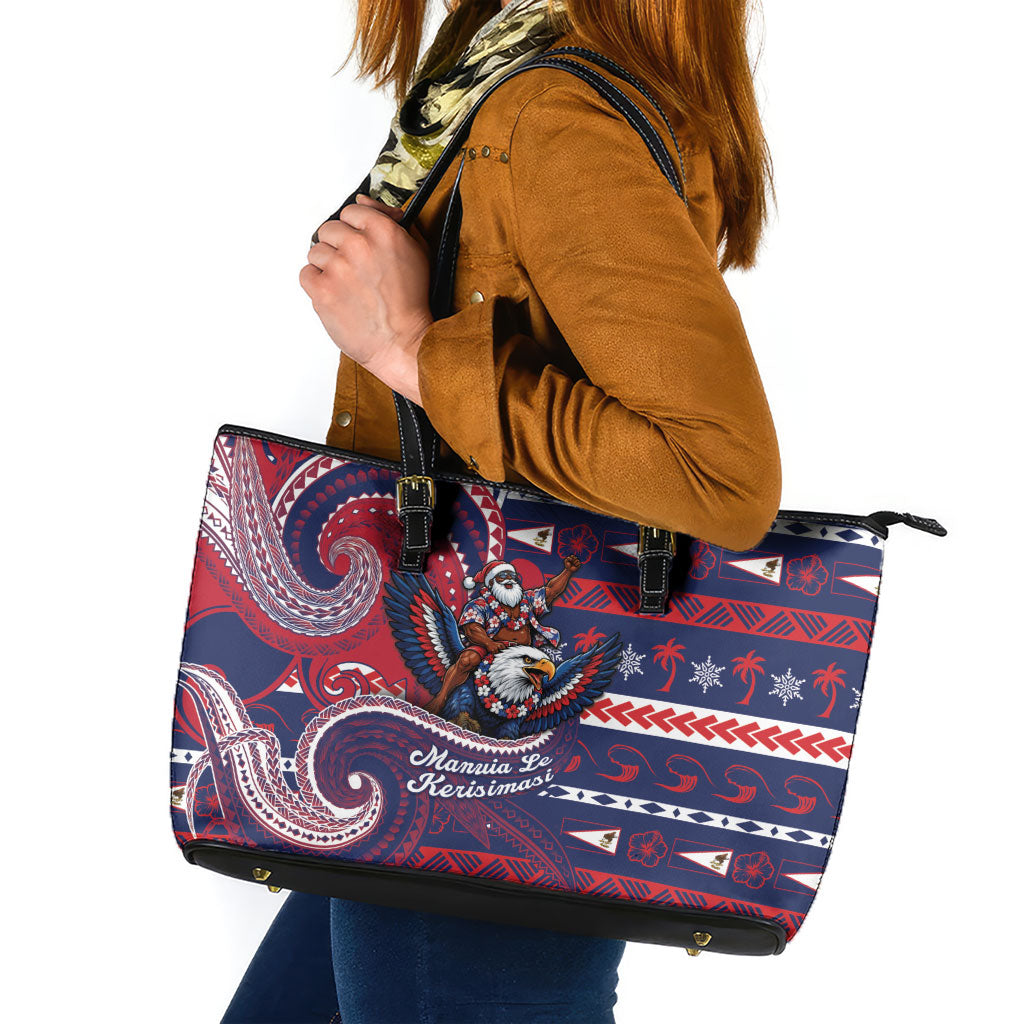 American Samoa Christmas Leather Tote Bag Santa Riding Bald Eagle