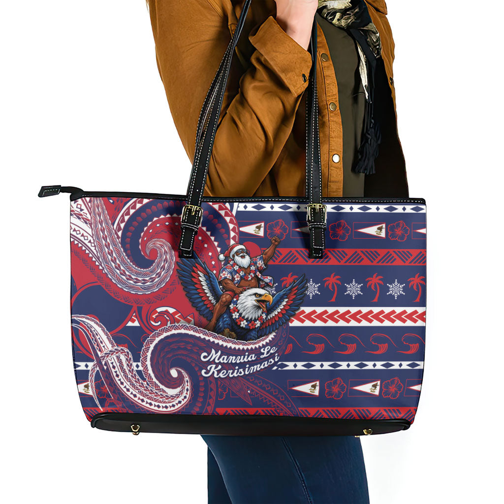 American Samoa Christmas Leather Tote Bag Santa Riding Bald Eagle