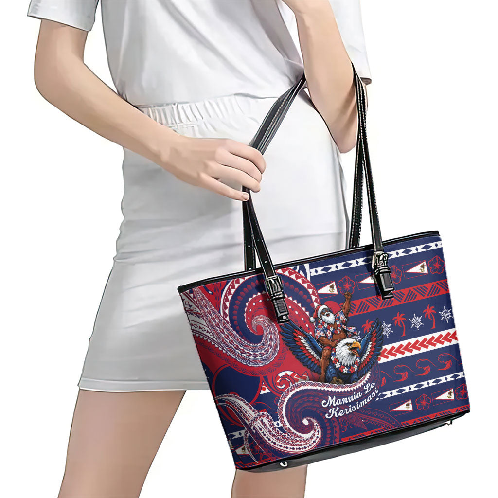 American Samoa Christmas Leather Tote Bag Santa Riding Bald Eagle