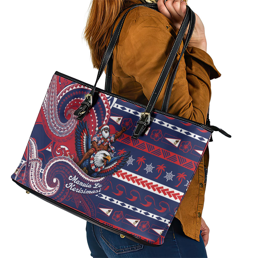 American Samoa Christmas Leather Tote Bag Santa Riding Bald Eagle