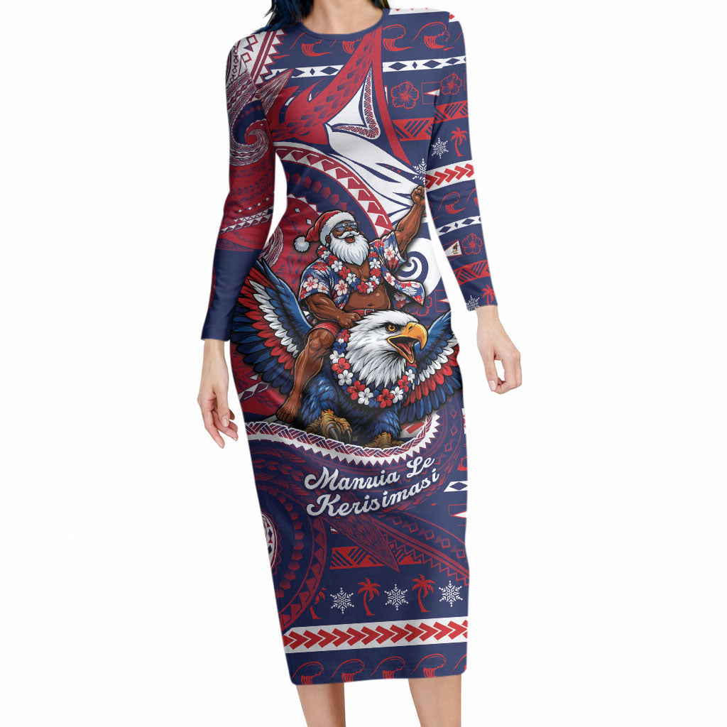 American Samoa Christmas Long Sleeve Bodycon Dress Santa Riding Bald Eagle DT05 Long Dress Navy - Polynesian Pride