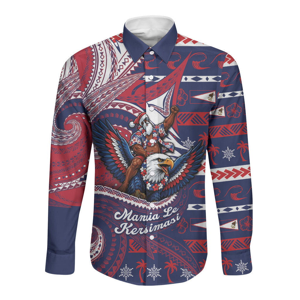 American Samoa Christmas Long Sleeve Button Shirt Santa Riding Bald Eagle