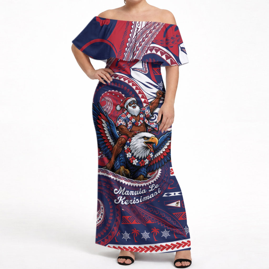 American Samoa Christmas Off Shoulder Maxi Dress Santa Riding Bald Eagle