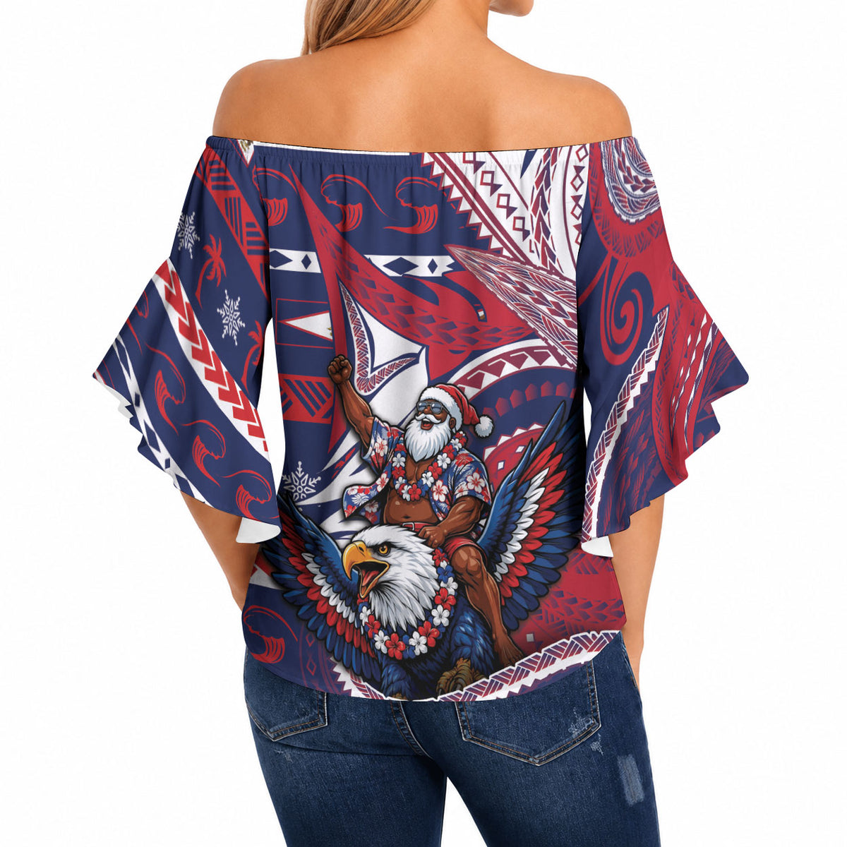 American Samoa Christmas Off Shoulder Wrap Waist Top Santa Riding Bald Eagle