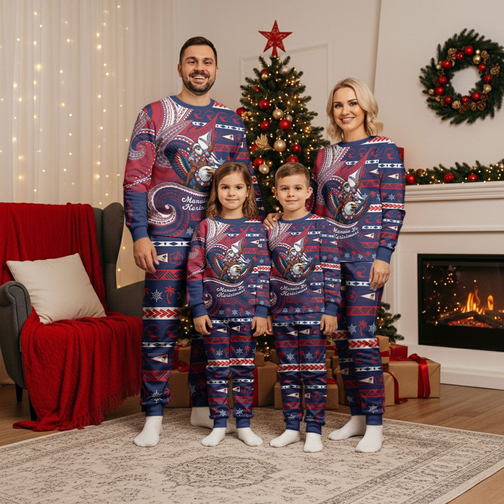 American Samoa Christmas Pajama Set Santa Riding Bald Eagle