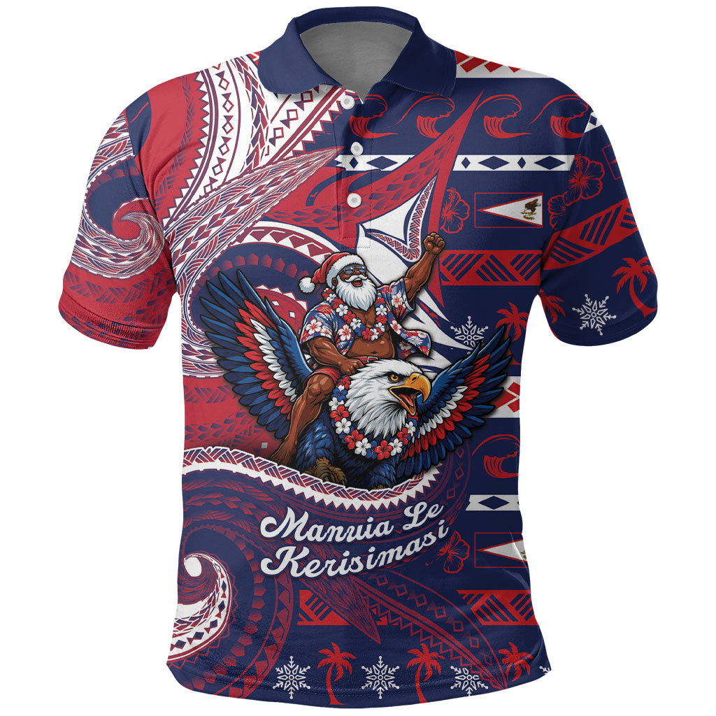 American Samoa Christmas Polo Shirt Santa Riding Bald Eagle DT05 Navy - Polynesian Pride
