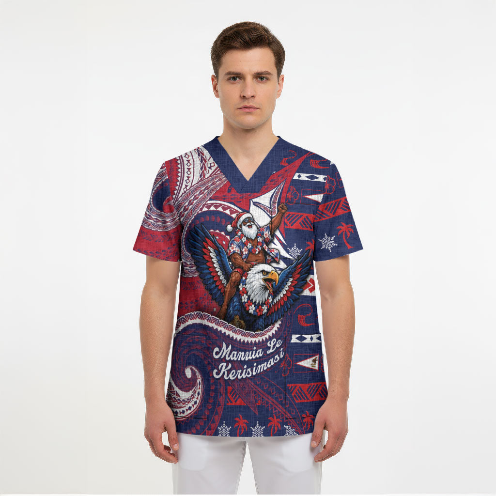 American Samoa Christmas Scrub Top Santa Riding Bald Eagle