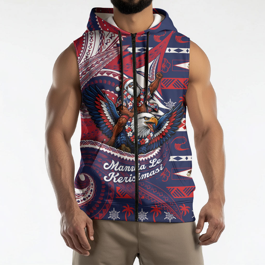 American Samoa Christmas Sleeveless Zip Hoodie Santa Riding Bald Eagle DT05 - Polynesian Pride
